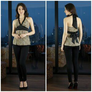 Leopard satin trim halter top